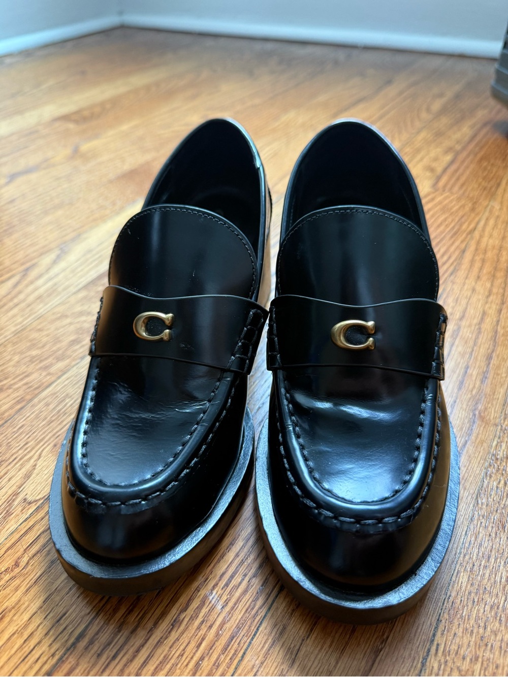 Coach Black Leather Penny Loafers with Gold Hardware - Picture 4 of 9